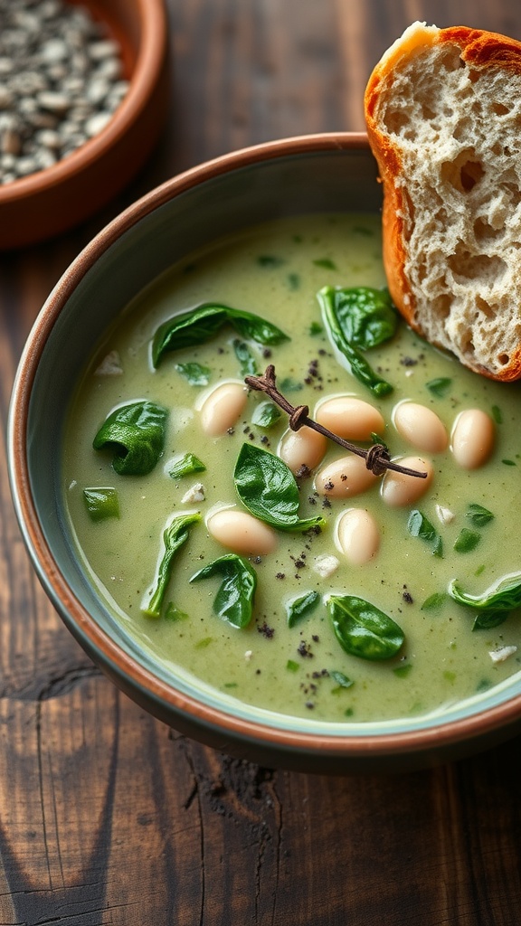 Creamy spinach and white bean soup in a bowl, garnished with herbs and served with crusty bread on a wooden table.
